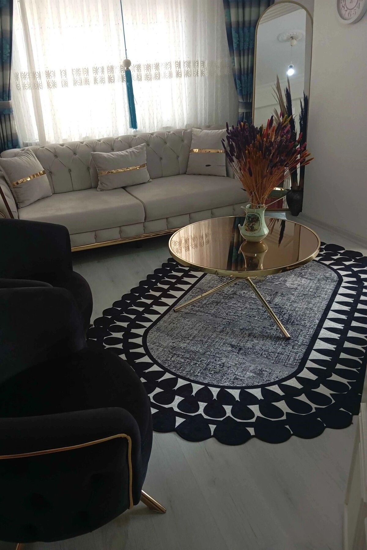 VOPTEKS Gri Siyah Halı Makinede Yıkanabilir Kaymaz Taban Salon Halısı