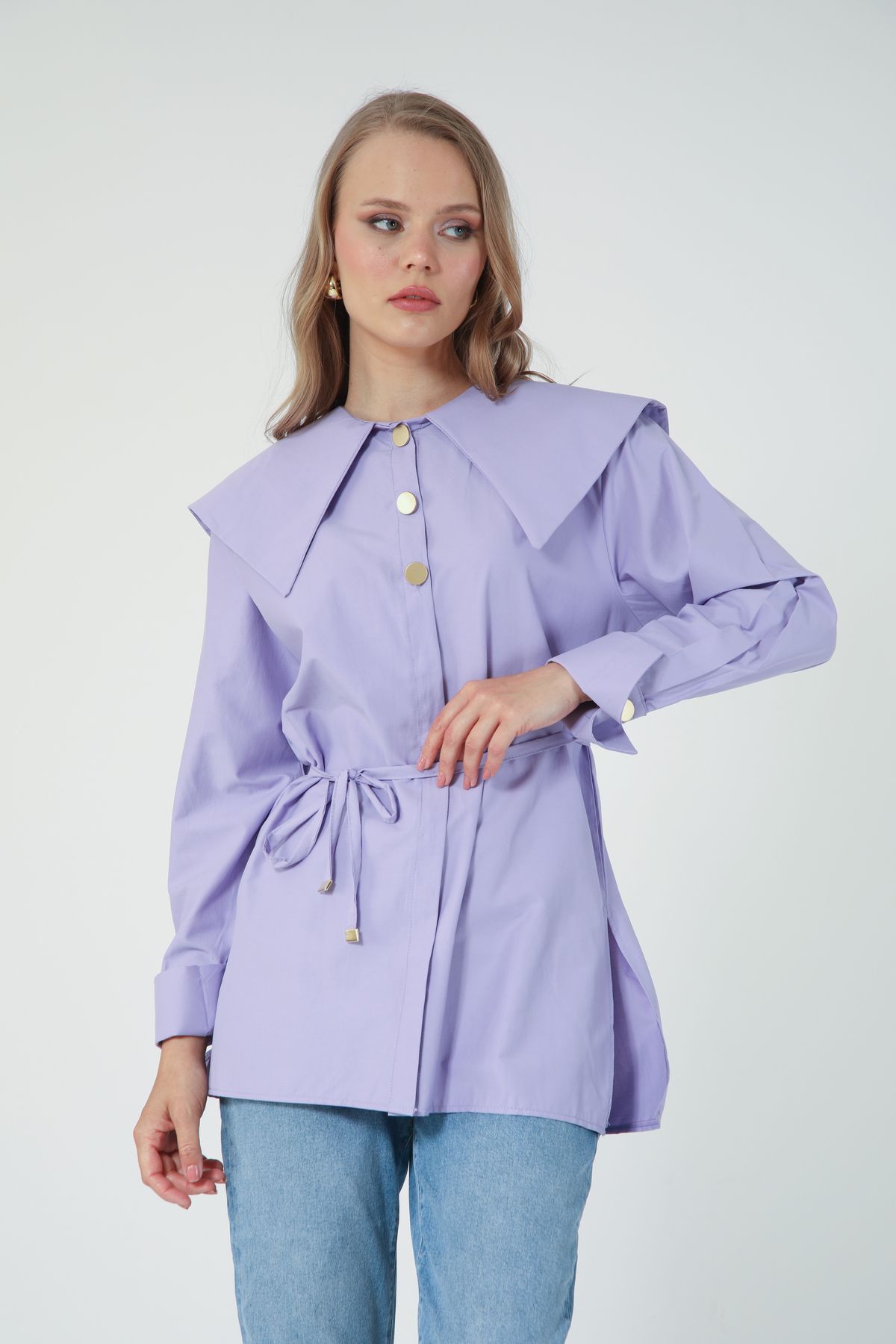 Suede Style 5805 - Poplin Denizci Yaka Bel Bağlamalı Kadın Gömlek