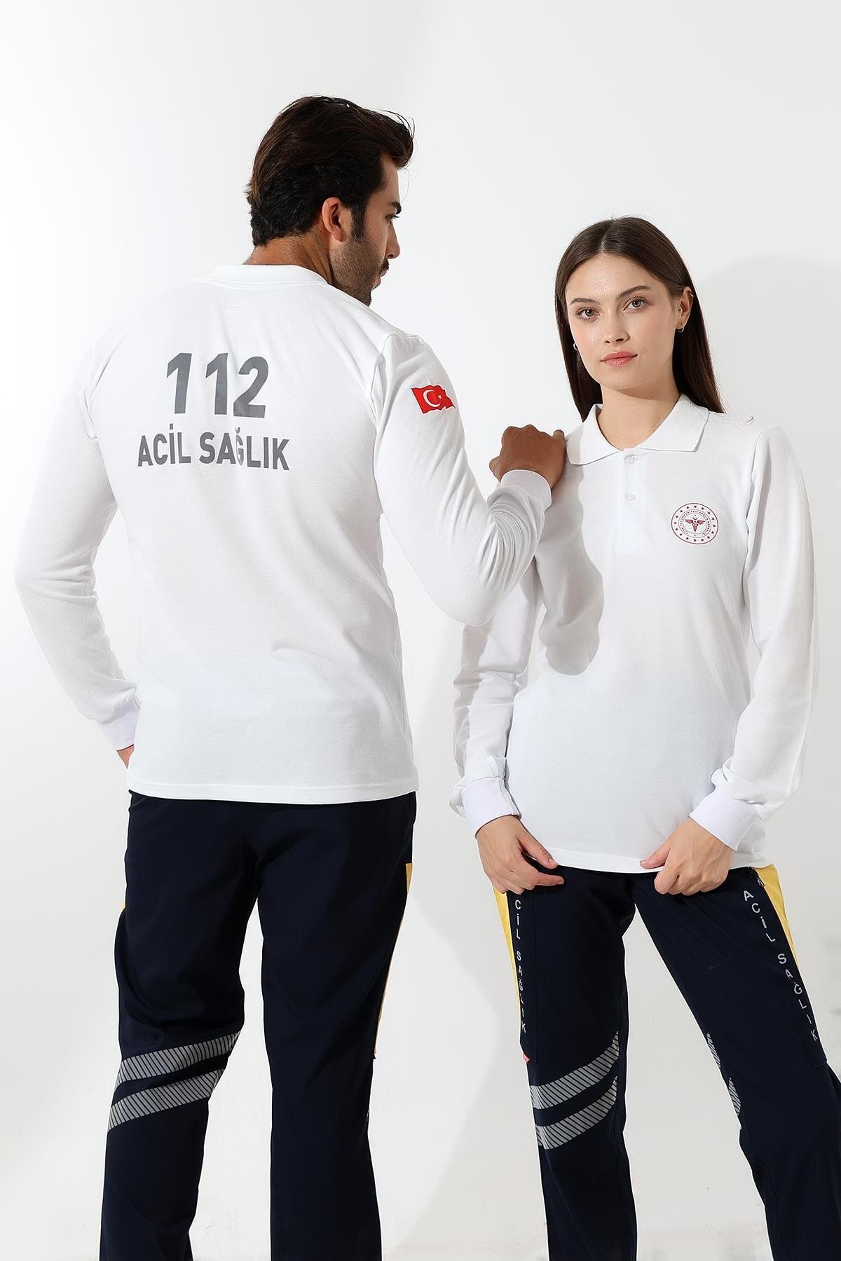 Bilenn Tekstil 112 Acil Sağlık Yakalı Tshirt Uzun Kol Baskılı - Beyaz