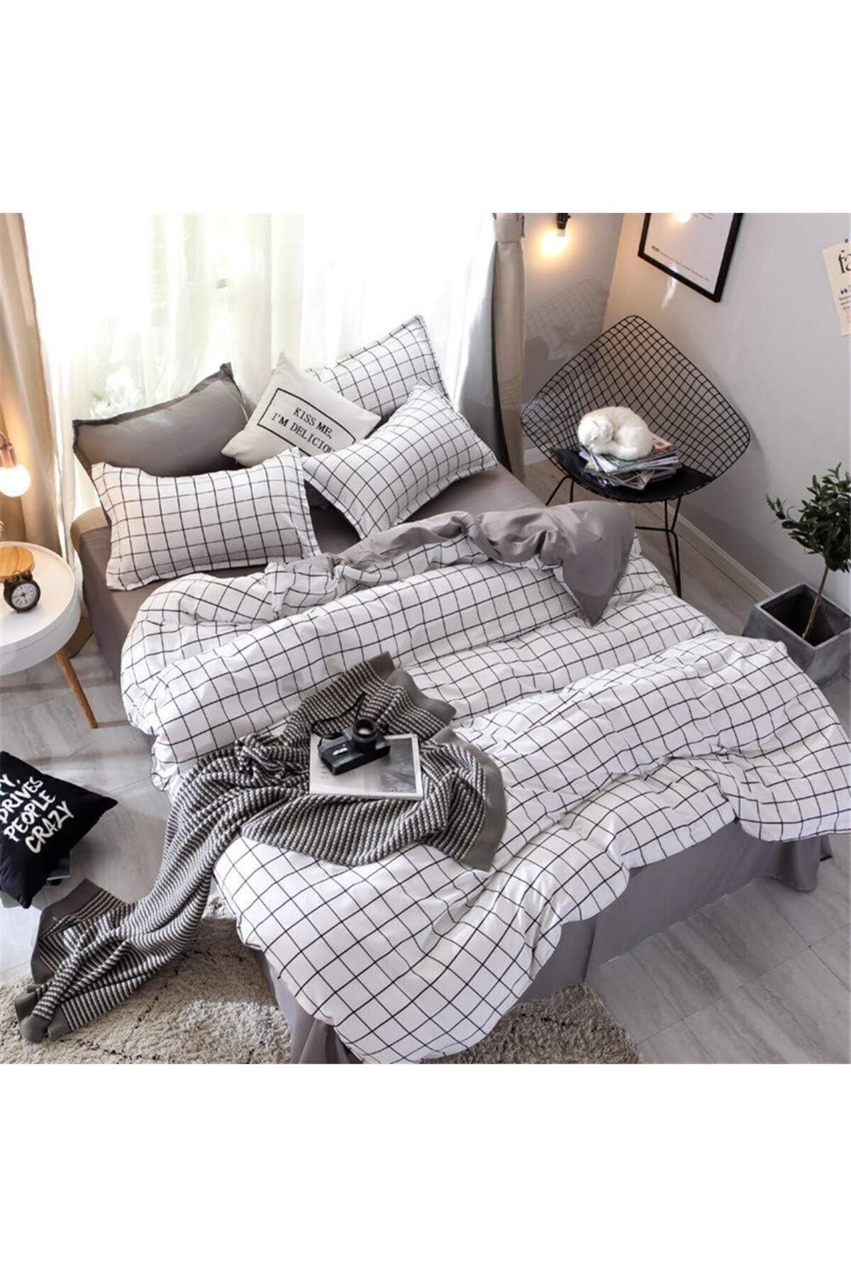 Saharaz-4 Pcs Simple White Grid Cover Sheet Set,Soft Bedding Set For Home,with 2 Matching Pillow Case 3