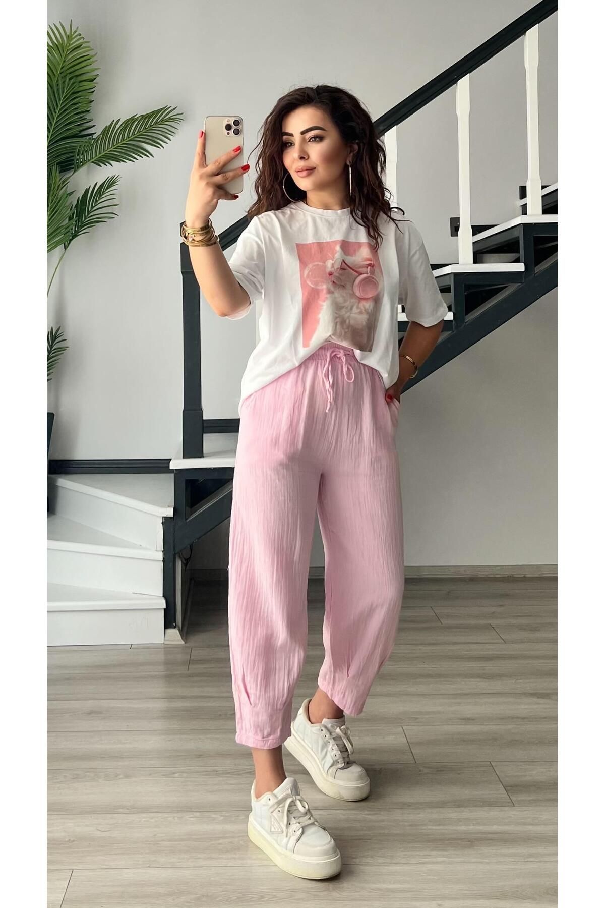 Oslove Pembe Paça Pensli Müslin Pantolon
