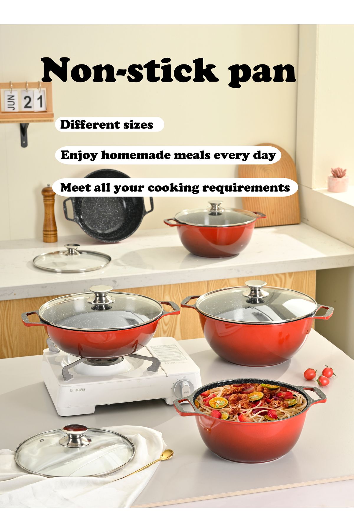 X SPRING-10-PCS Granite Non-stick Cookware Set,Scald-proof Handle,Suitable for multiple people(RED) 7