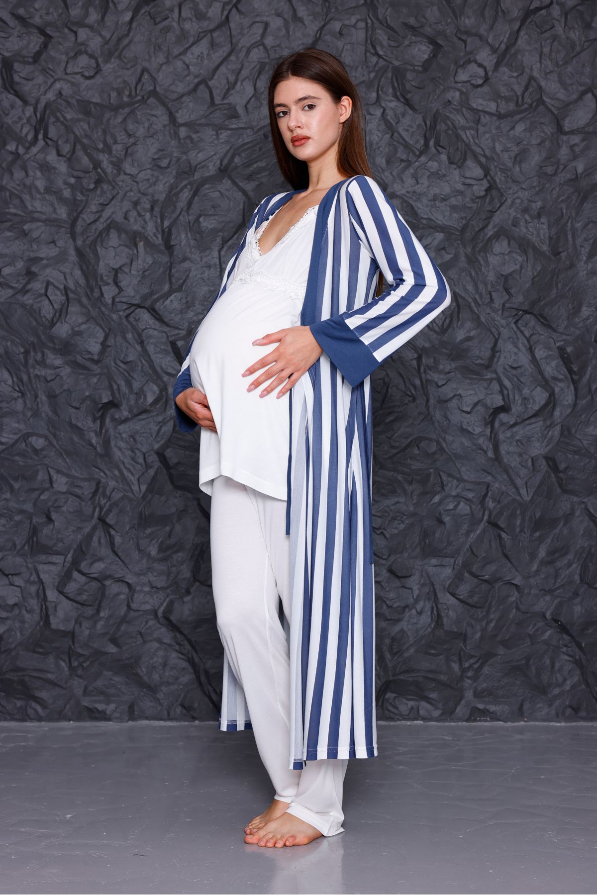 Yulem Homewear Lacivert Askılı Çizgili Emzirme Özellikli Lohusa Hamile Sabahlıklı 3'lü Pijama Takım Set