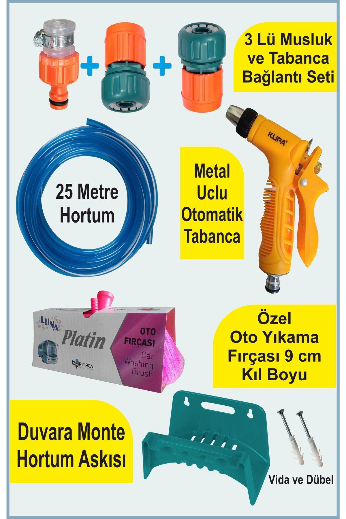 sayım plastik 25 Metre UV Korumalı Bahçe Sulama Seti – Fonksiyonlu Tabanca + Askılık + Bağlantı Aparatları