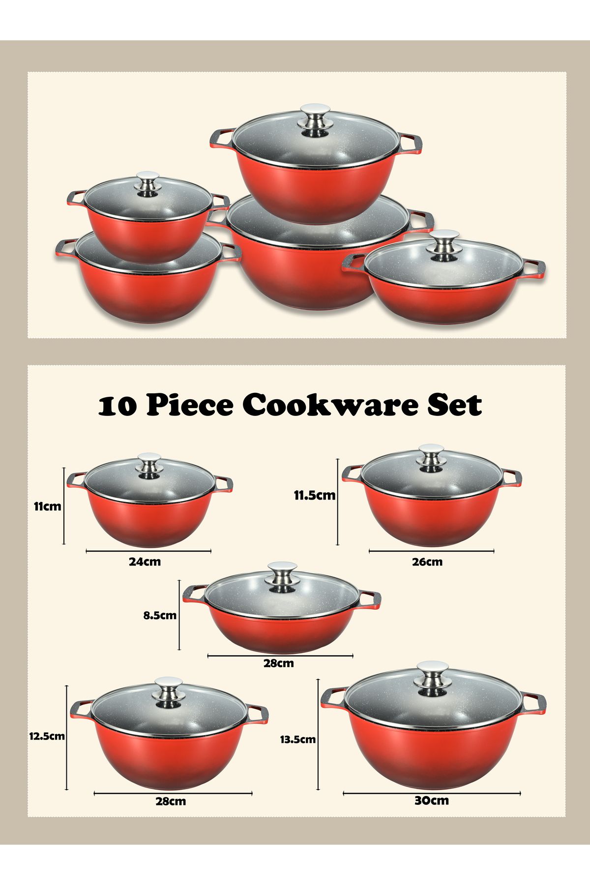 X SPRING-10-PCS Granite Non-stick Cookware Set,Scald-proof Handle,Suitable for multiple people(RED) 2