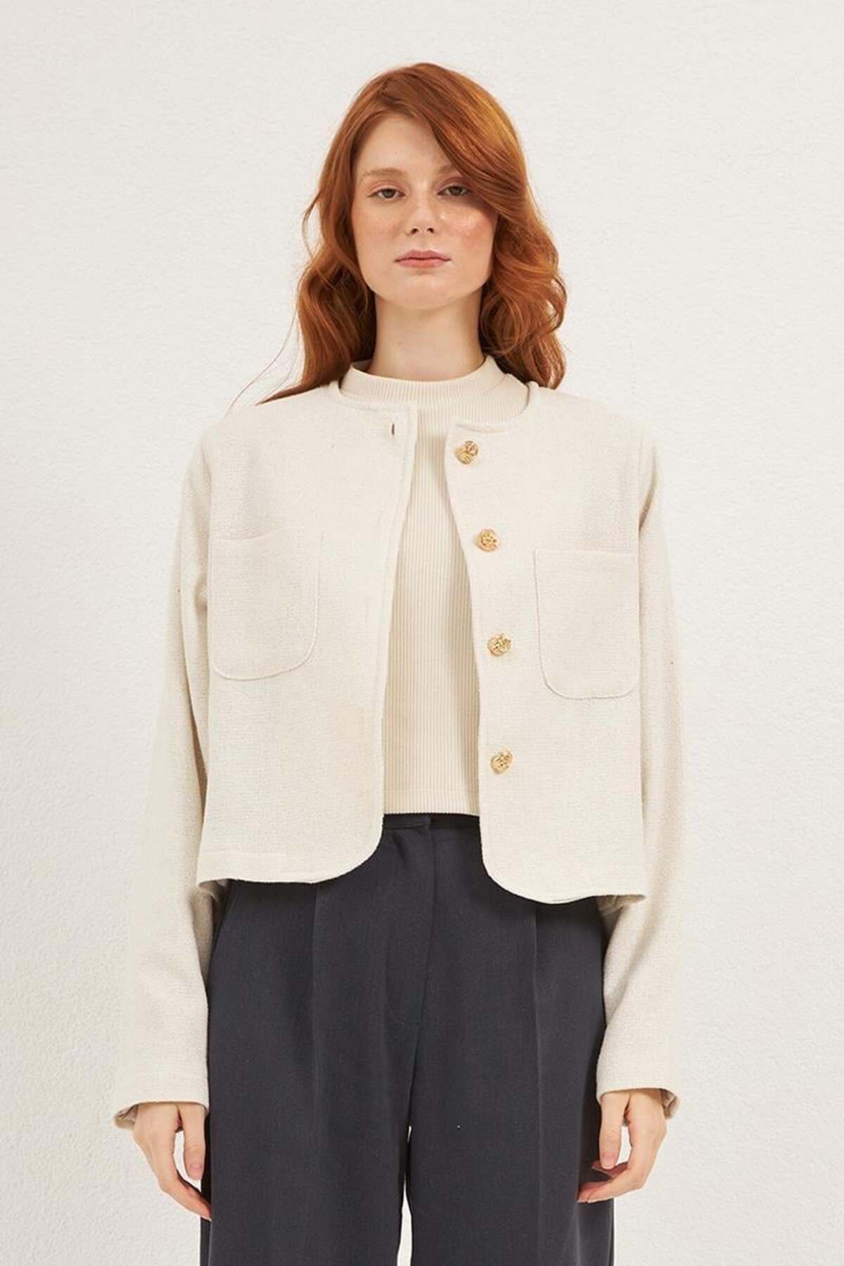 ALYOSHA FASHION Dore Düğmeli Tüvit Ceket Ekru