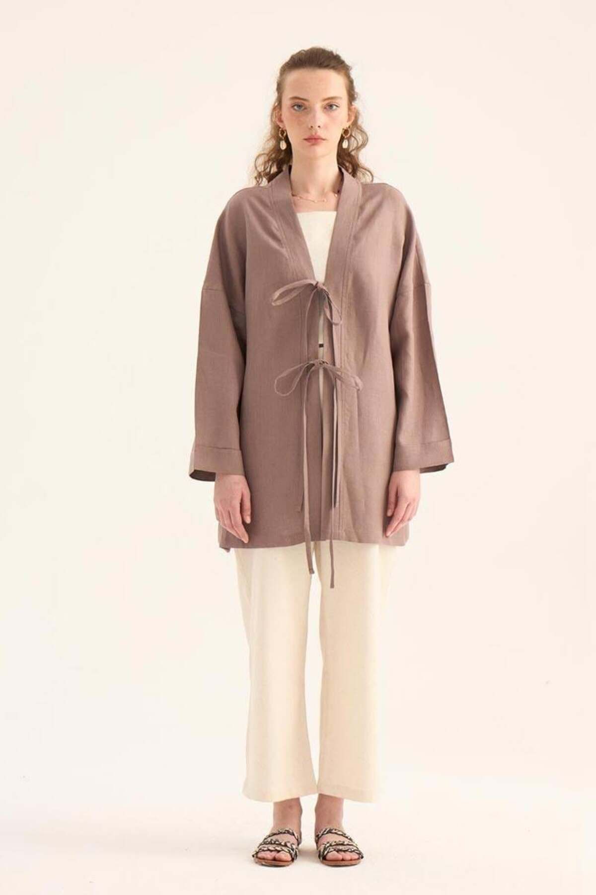 ALYOSHA FASHION %100 Keten Kimono Vizon