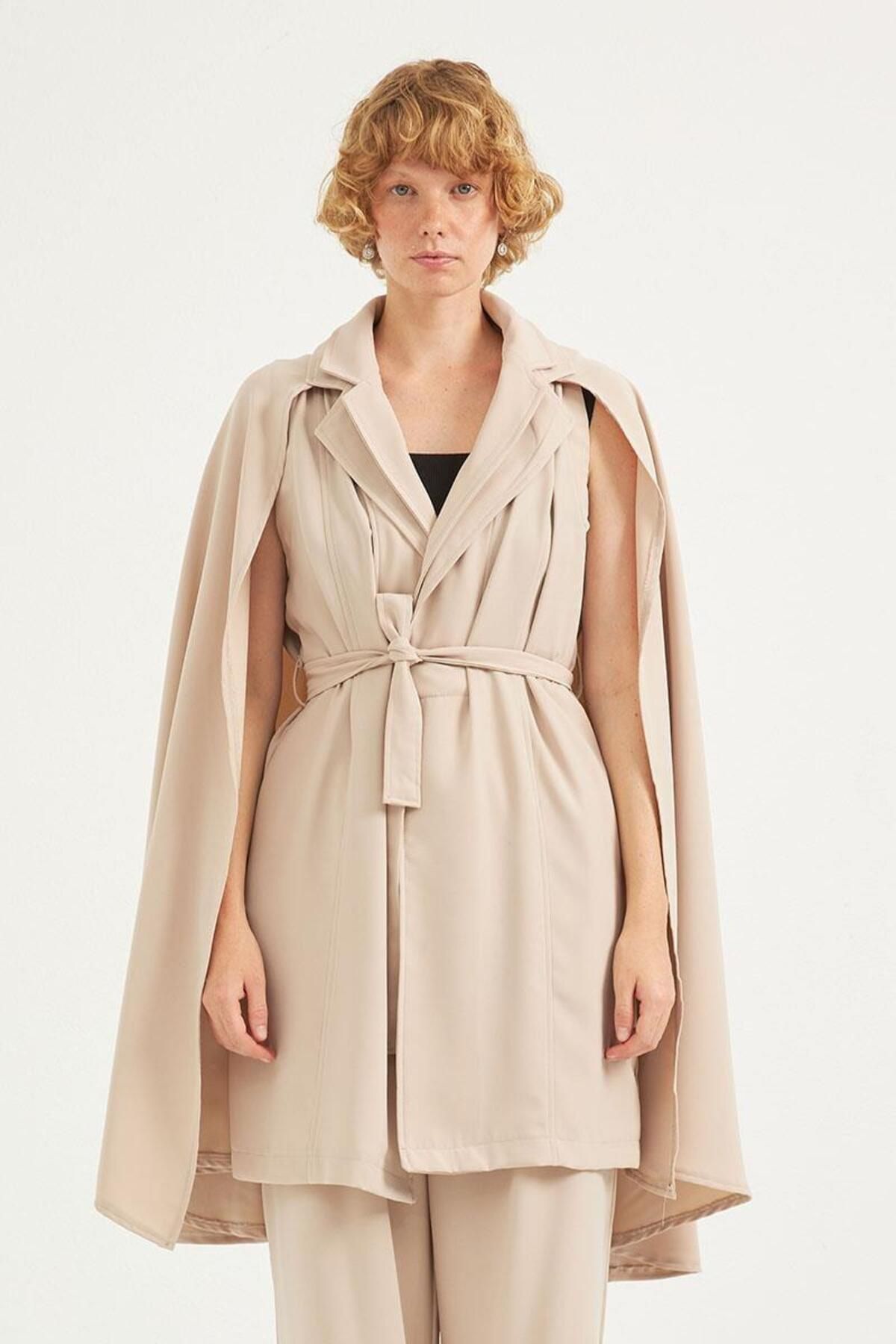 ALYOSHA FASHION Premium Krep Pelerinli Ceket Taş