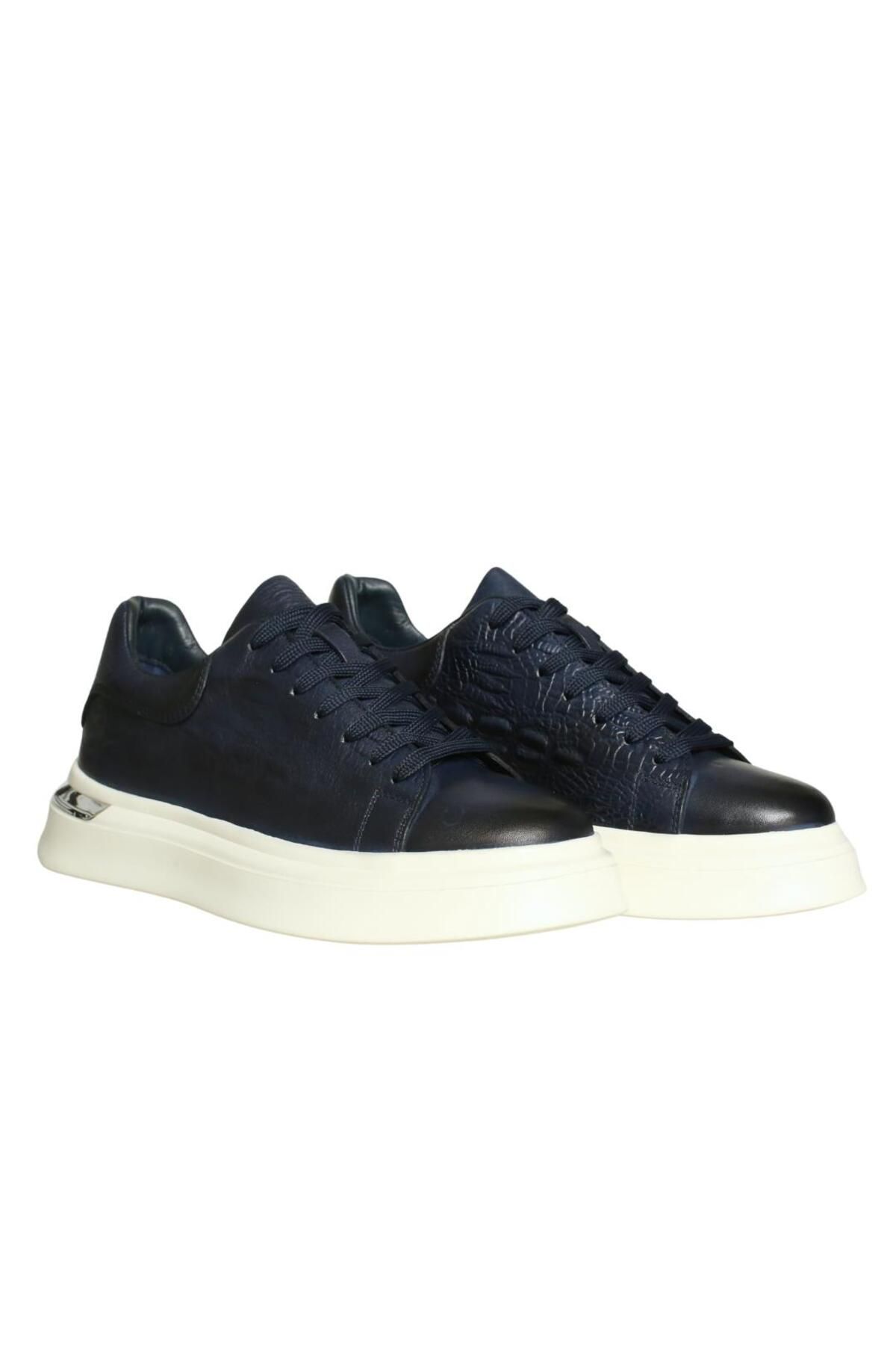 Platin Lacivert Deri Erkek Sneaker