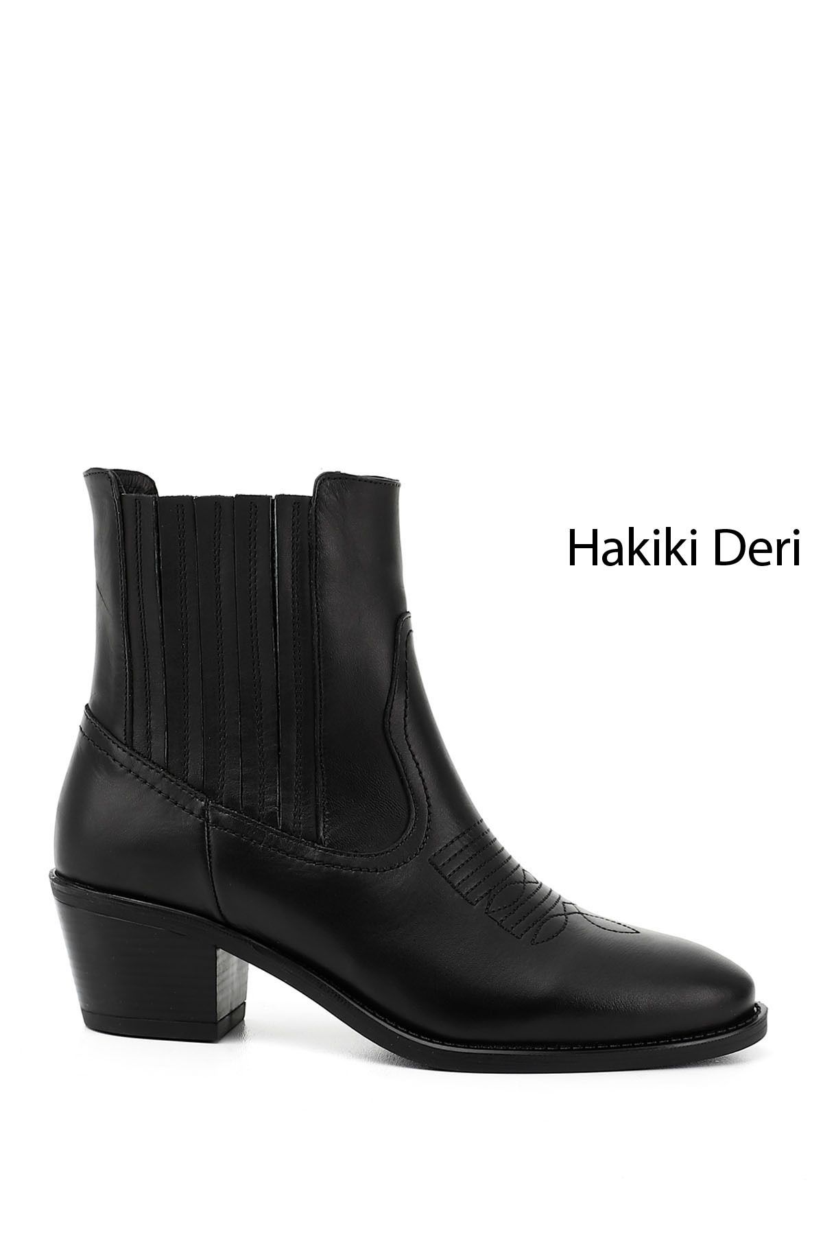 GÖNDERİ(R) Kadın / Kız Siyah Kalın Topuklu Hakiki Deri Kovboy Bot