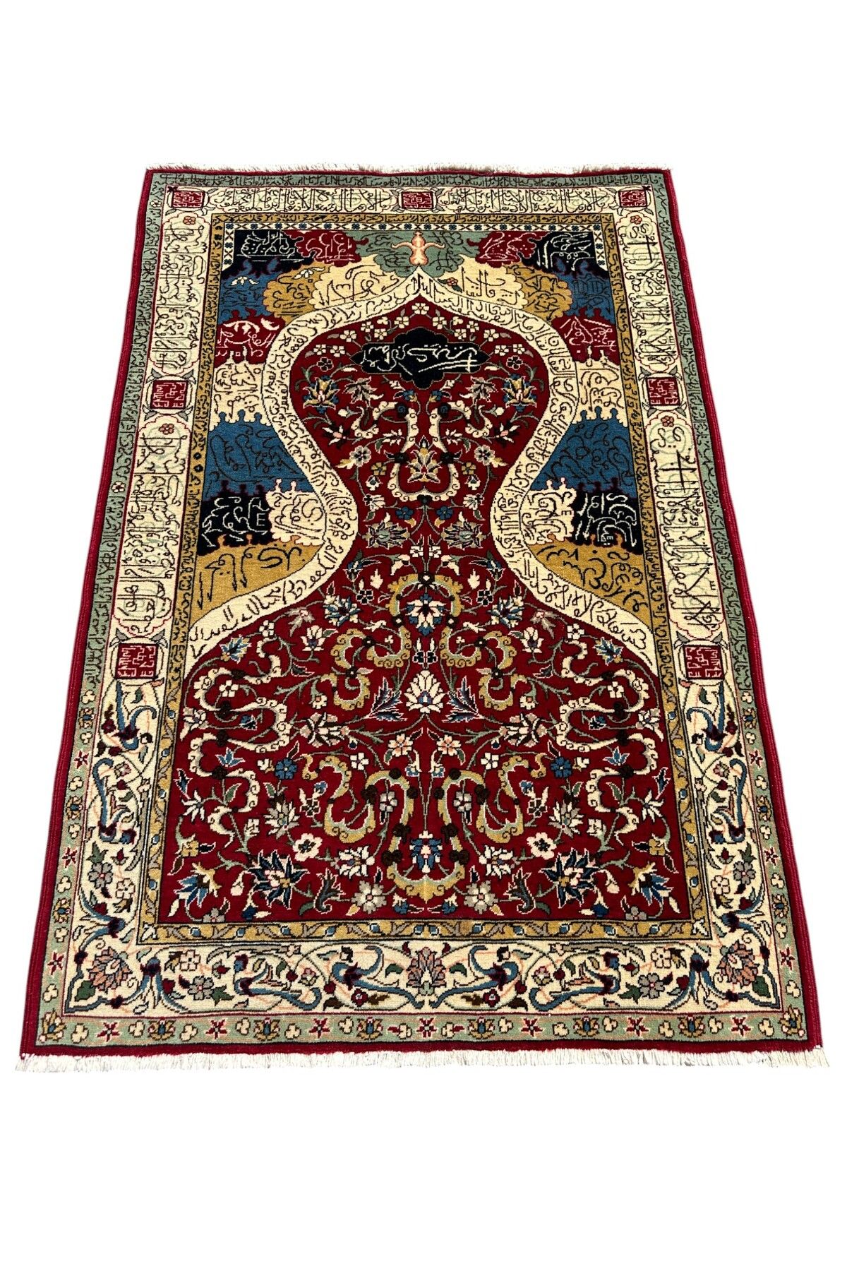 BURAK HALI El Dokuma Koleksiyonluk İran Dokuması Kufi Yazılı Topkapı Modeli 108x164 Seccade