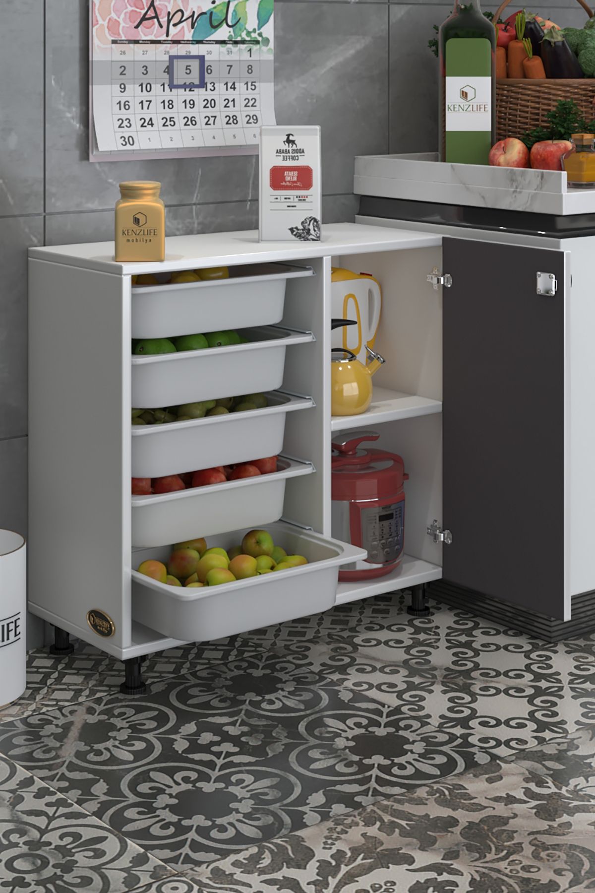 Kenzlife sepetli kilitli mutfak dolabı şükufe gribyz 074*075*32 erzak 5 sepetli