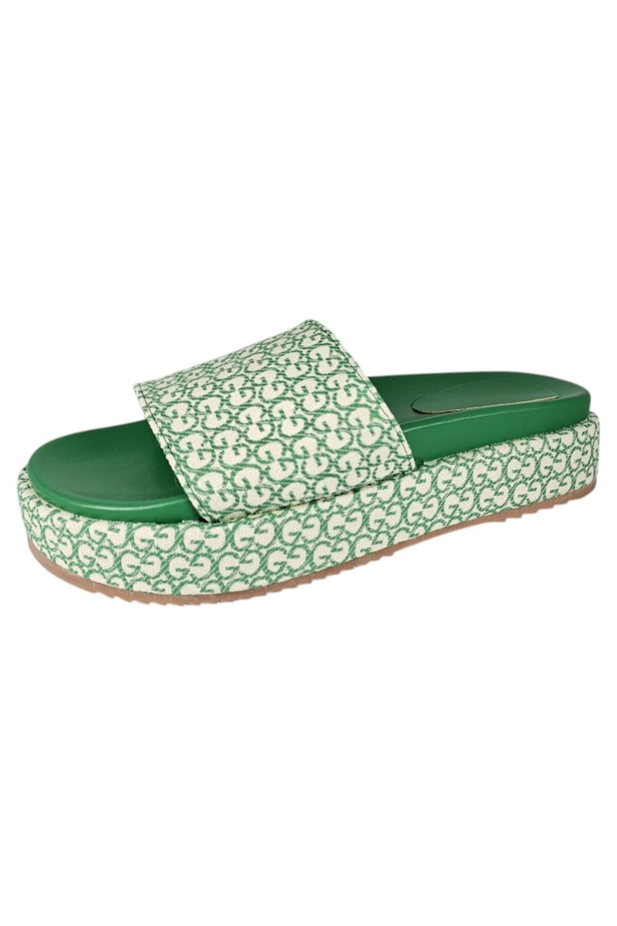 Ego-Women's Flatform Slippers 4.5 cm, EGO GC Monogram, Green Textile, Size 38 EU 3