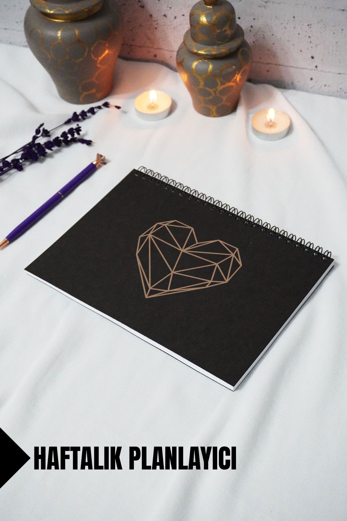 markcat A5 Kalp Temalı Siyah Kraft Kapaklı Defter - Çizgili Defter - 60 yaprak (120 sayfa) 15x21 cm