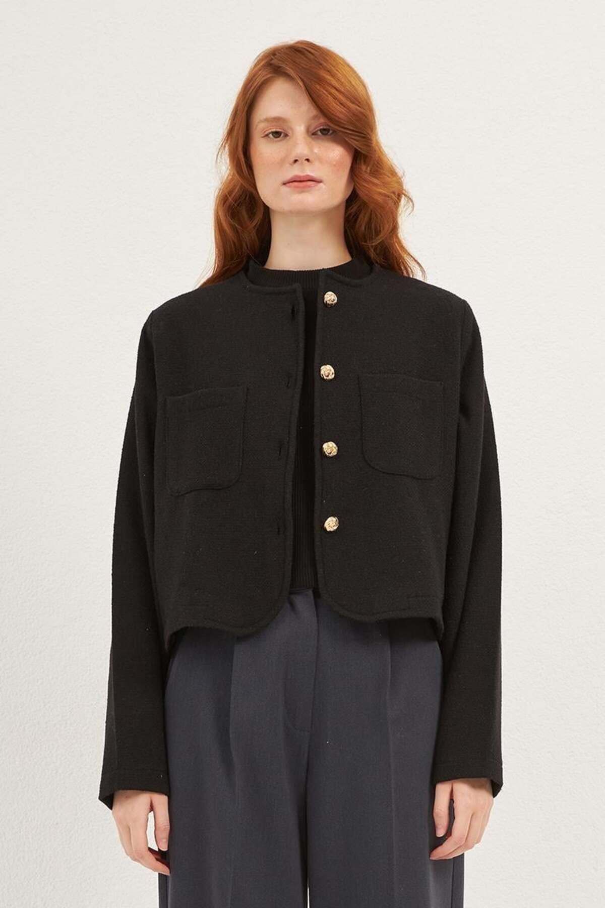 ALYOSHA FASHION Dore Düğmeli Tüvit Ceket Siyah