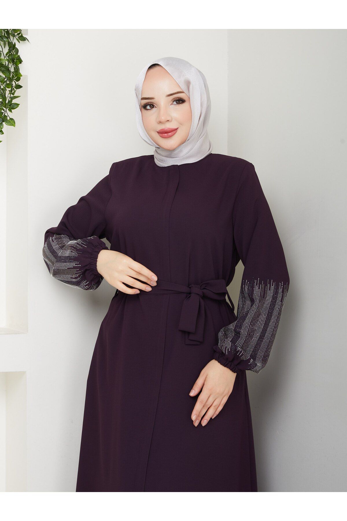 MUDUTEKSTİL Gizli Fermuarlı Kolu Taşlı Ferace Mürdüm