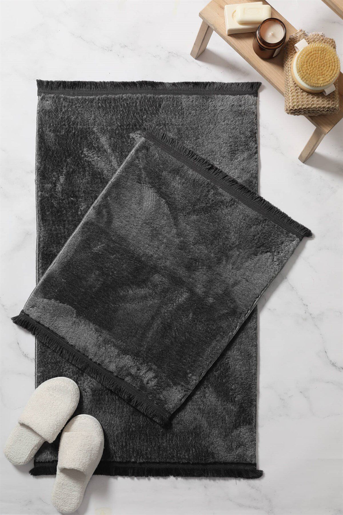 Classy Home Living Puffy Yumuşak Yıkanabilir Düz Saçaklı Peluş Kaydırmaz Taban 2'li Banyo Paspası Antrasit 60x100-40x60