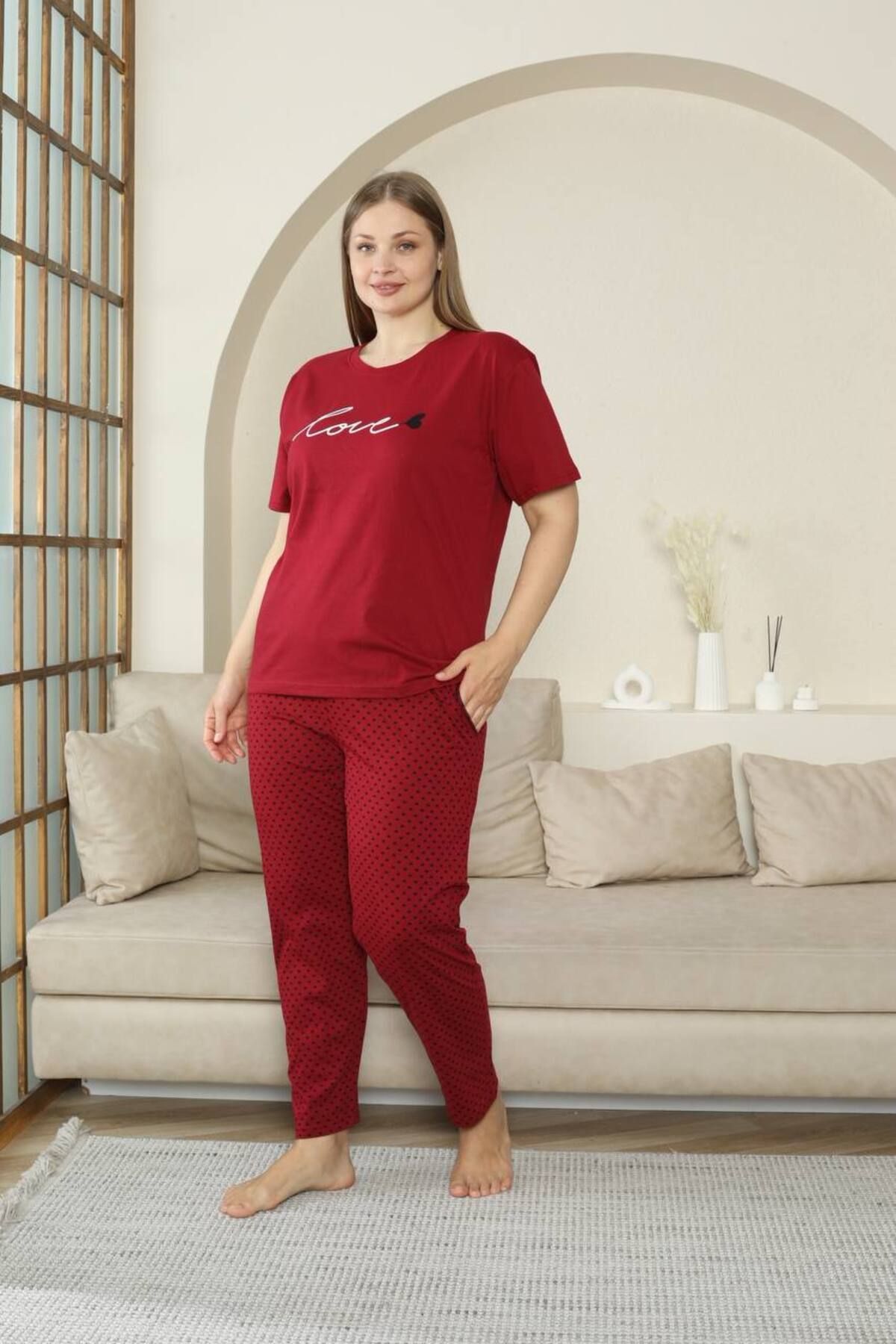 dealp Kadın Battal Boy %100 Pamuk Büyük Beden Kısa Kol Cepli Yazlık Pijama Takımı