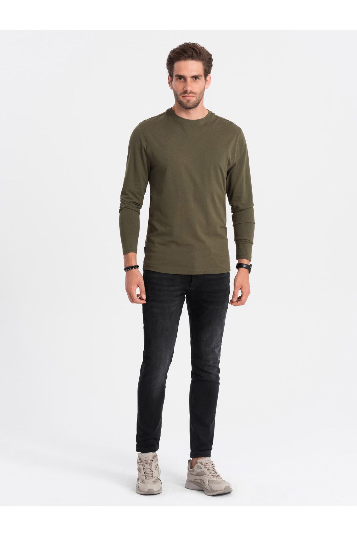 OMBRE-Herren BASIC Longsleeve mit Rundhalsausschnitt - dunkeloliv V7 OM-LSBL-0106 L 3