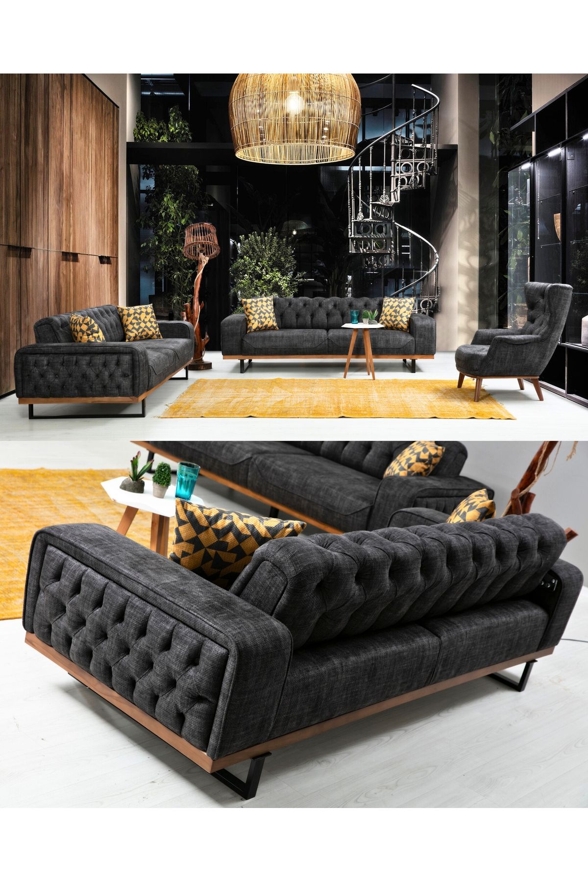 Velura Home & Living Enisa Chester Koltuk Takımı 3+3+1 & Genişleyebilir Kapitoneli Koltuk