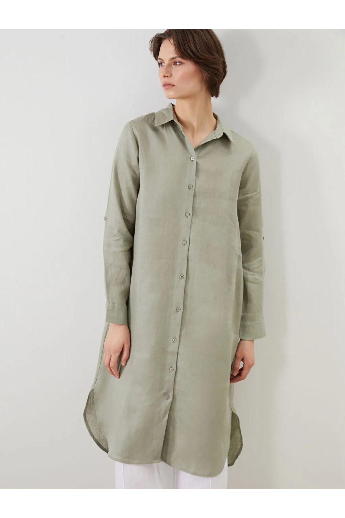 LC Waikiki LCWAIKIKI Classic Haki Keten Kadın Gömlek Tunik
