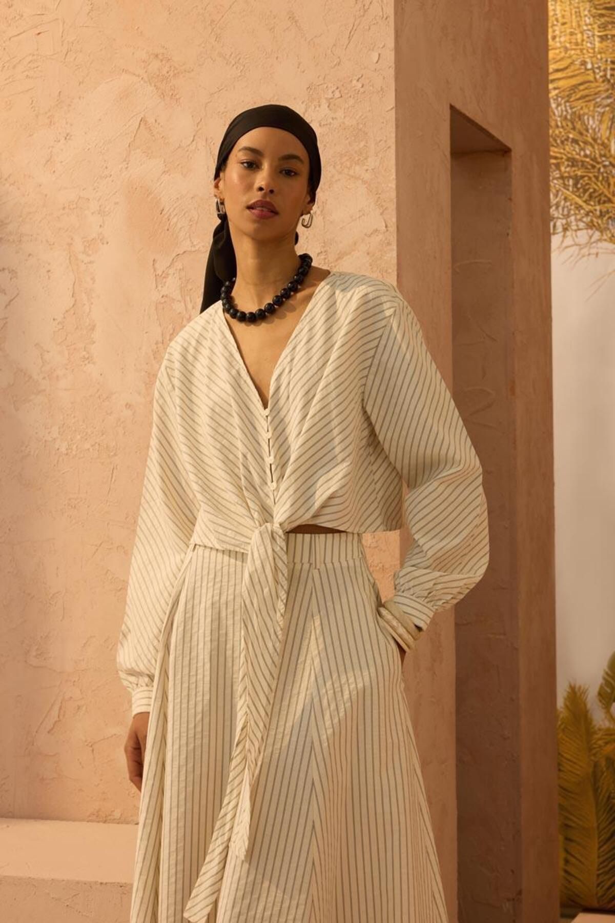 ALYOSHA FASHION Çizgi Desenli Bağlamalı Kimono Krem