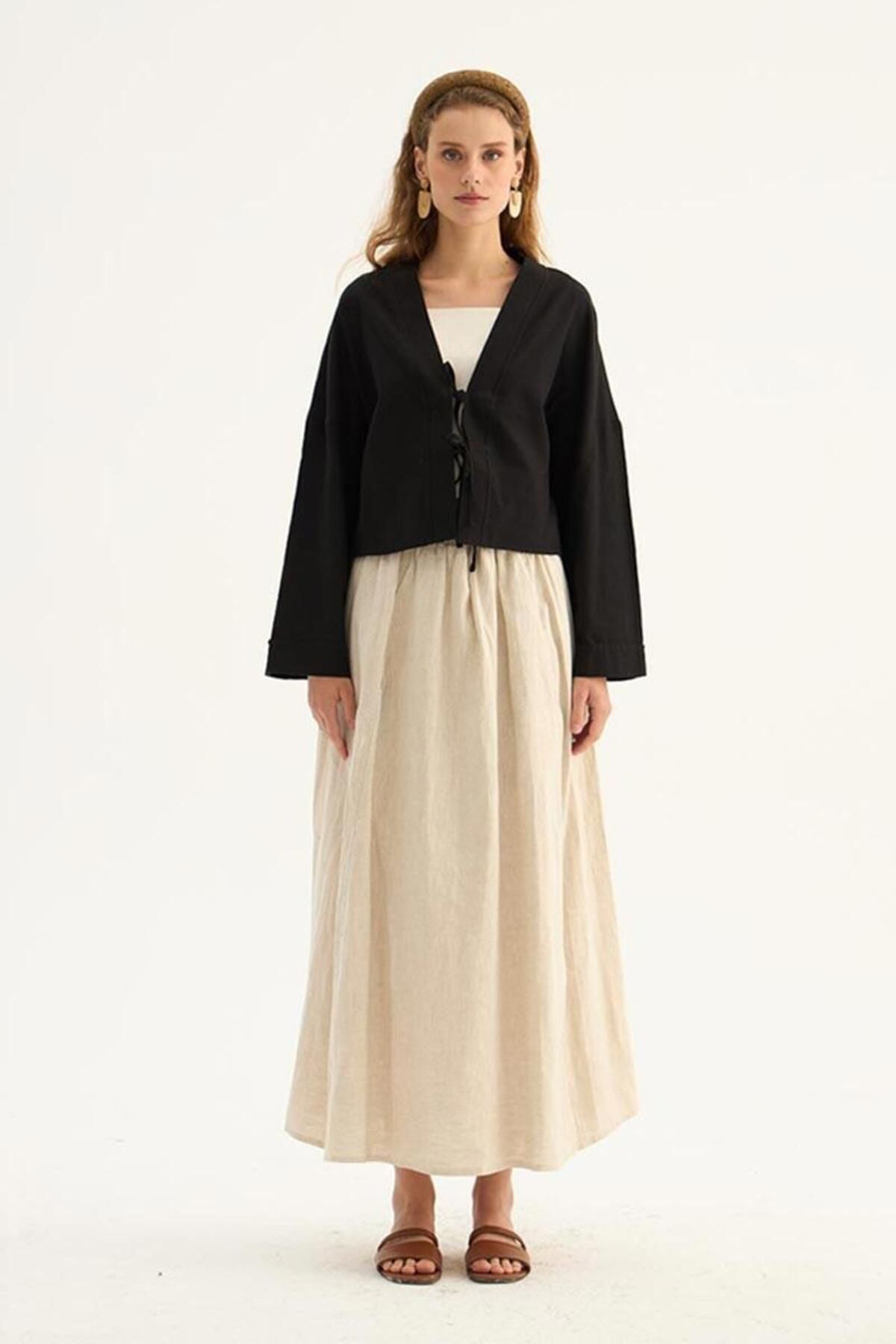 ALYOSHA FASHION Etek Üstü Keten Kimono Siyah