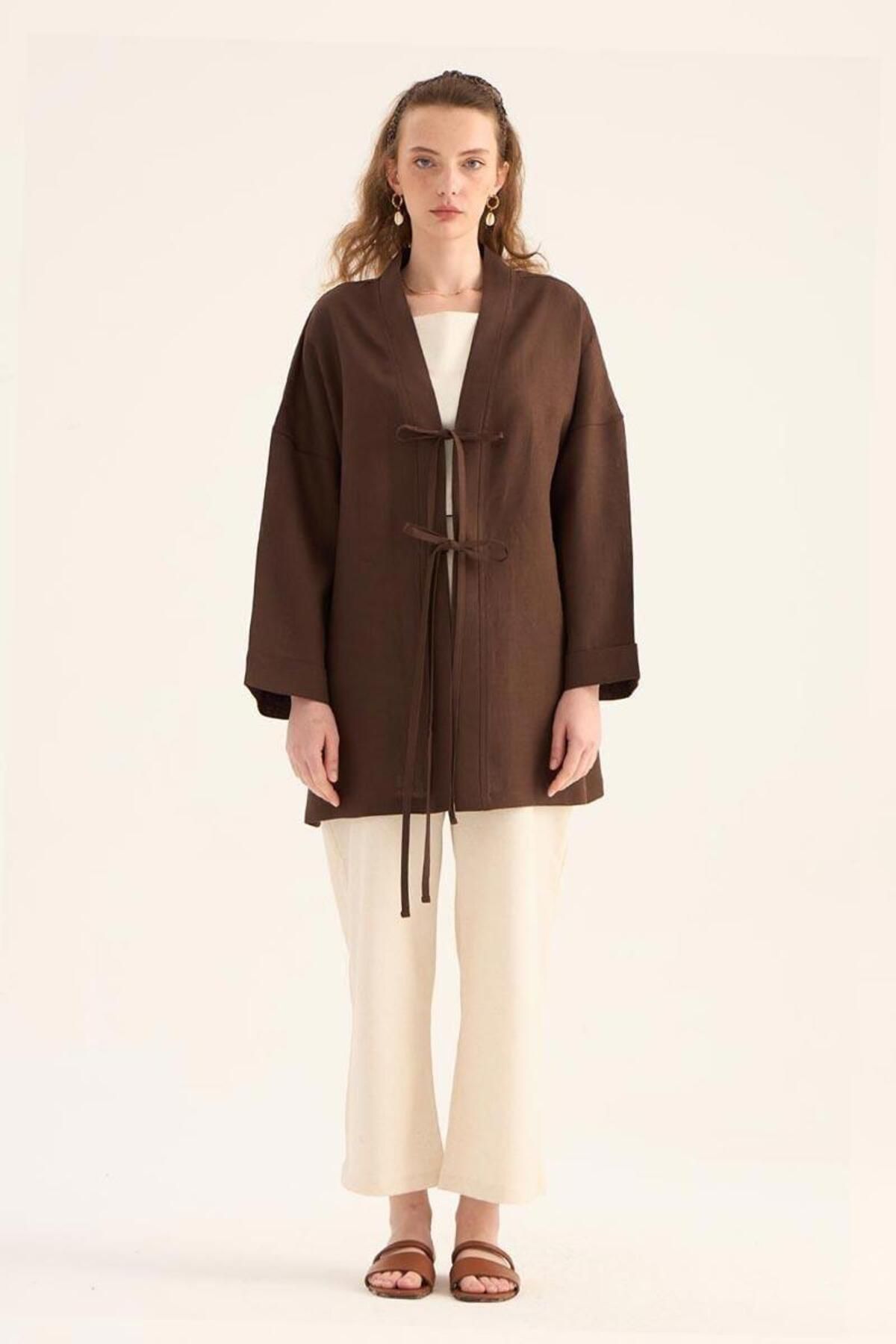 ALYOSHA FASHION %100 Keten Kimono Acıkahve