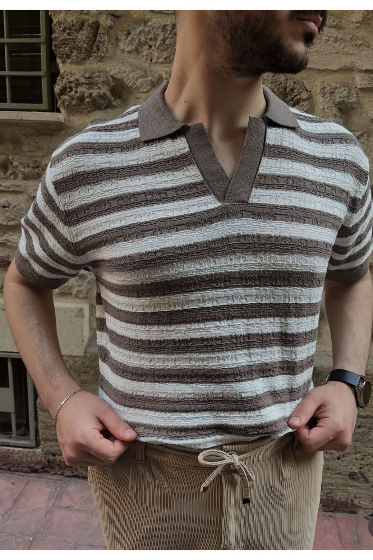 Figo Krem Beyaz Çizgili Polo Tshirt
