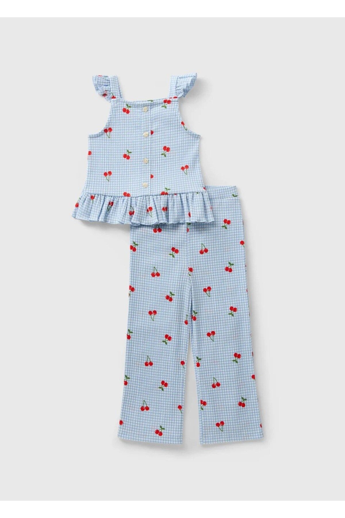 Kübra Tekstil Lupinn Moda Kız Çocuk Mavi Ekose Desenli Kiraz Baskılı İkili Yazlık Takım
