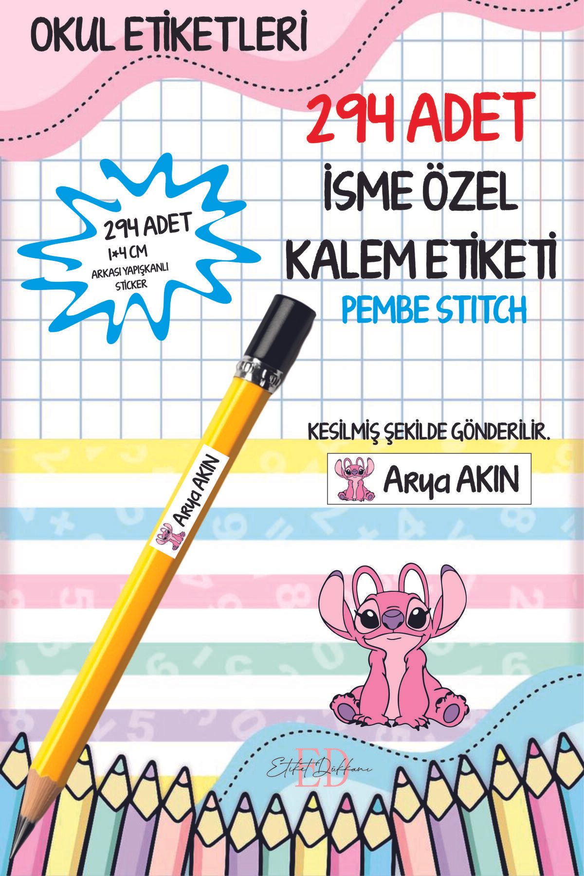 ETİKETİM Okul Etiketi Kalem Etiketi İsimli Kişiye Özel PEMBE STİTCH 294 ADET