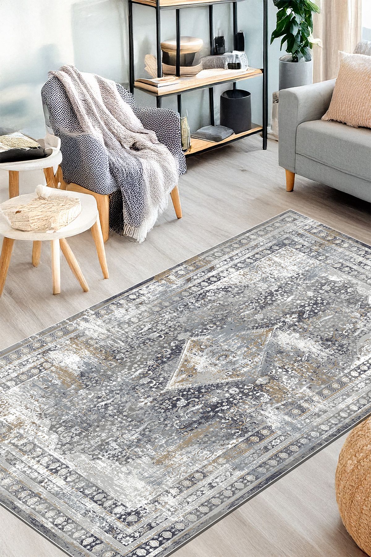 Halise Home Eskitme Göbekli Klasik Desenli Kaymaz Tabanlı Yıkanabilir Baskılı Halı Kilim Yolluk