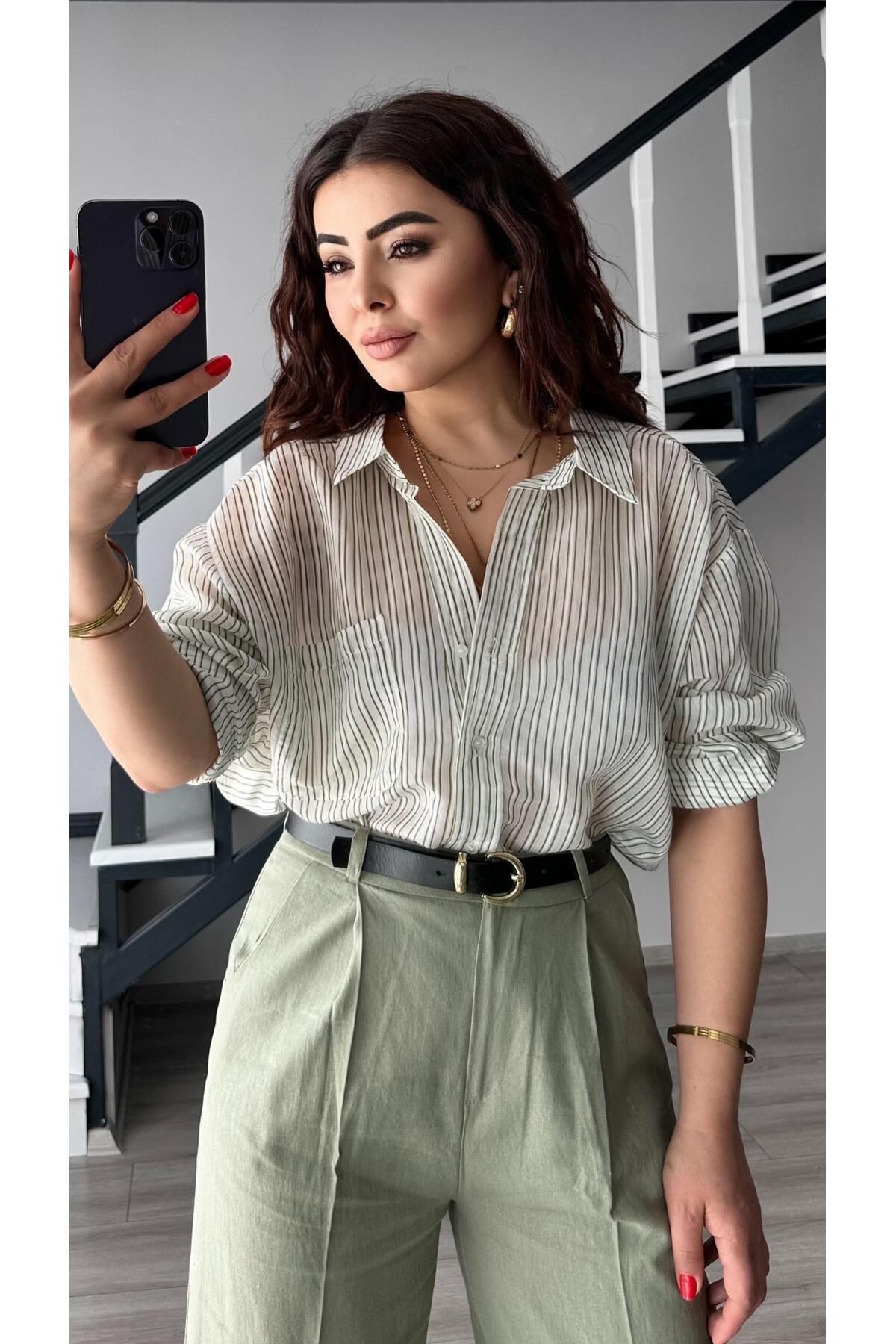 Oslove Yeşil Boydan Çizgili Oversize Gömlek