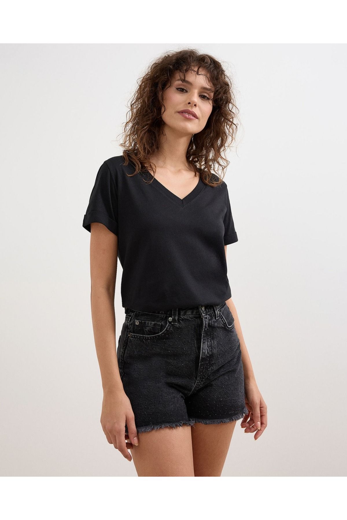 Mrs.idea Kadın V-Yaka Basic Tişört Örme Pamuk Penye T-Shirt