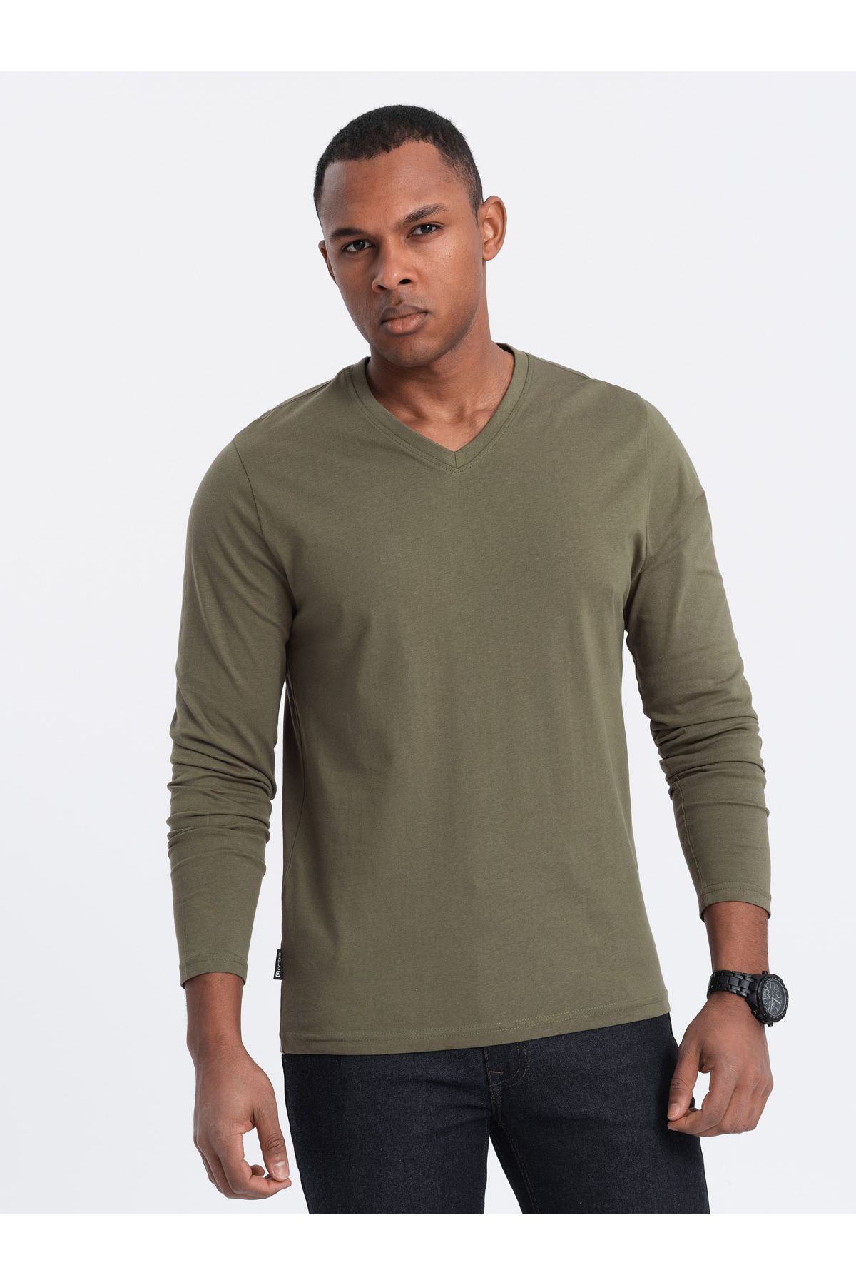 OMBRE-Unbedrucktes Herren Longsleeve mit V-Ausschnitt - Dunkeloliv V2 OM-LSBL-0108 XL 3