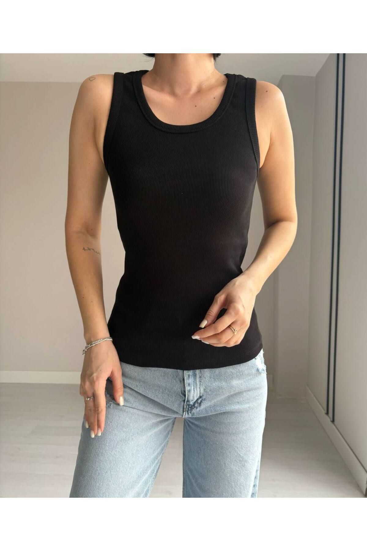 MADAMMERY Premium Kadın Sıfır Kol Kaşkorse Atlet Badi Tshırt %95 Pamuk