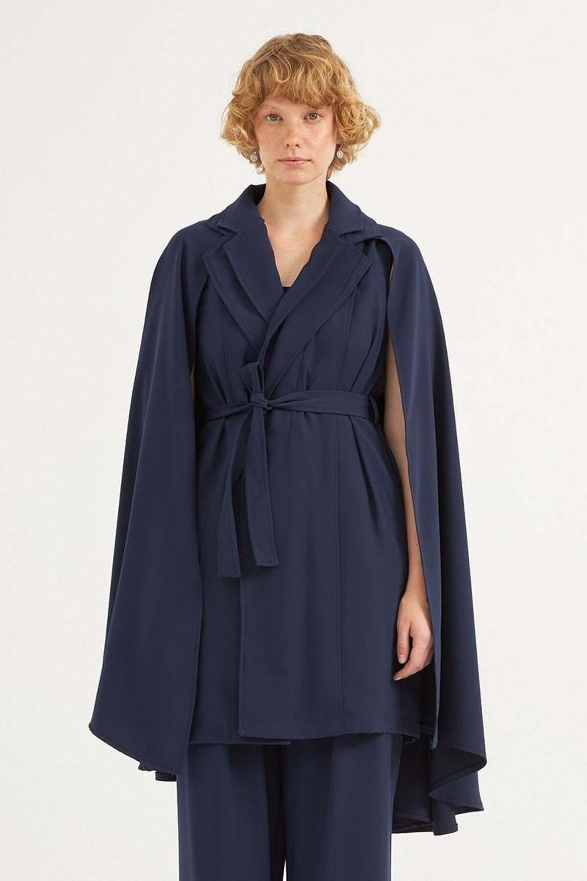ALYOSHA FASHION Premium Krep Pelerinli Ceket Lacivert