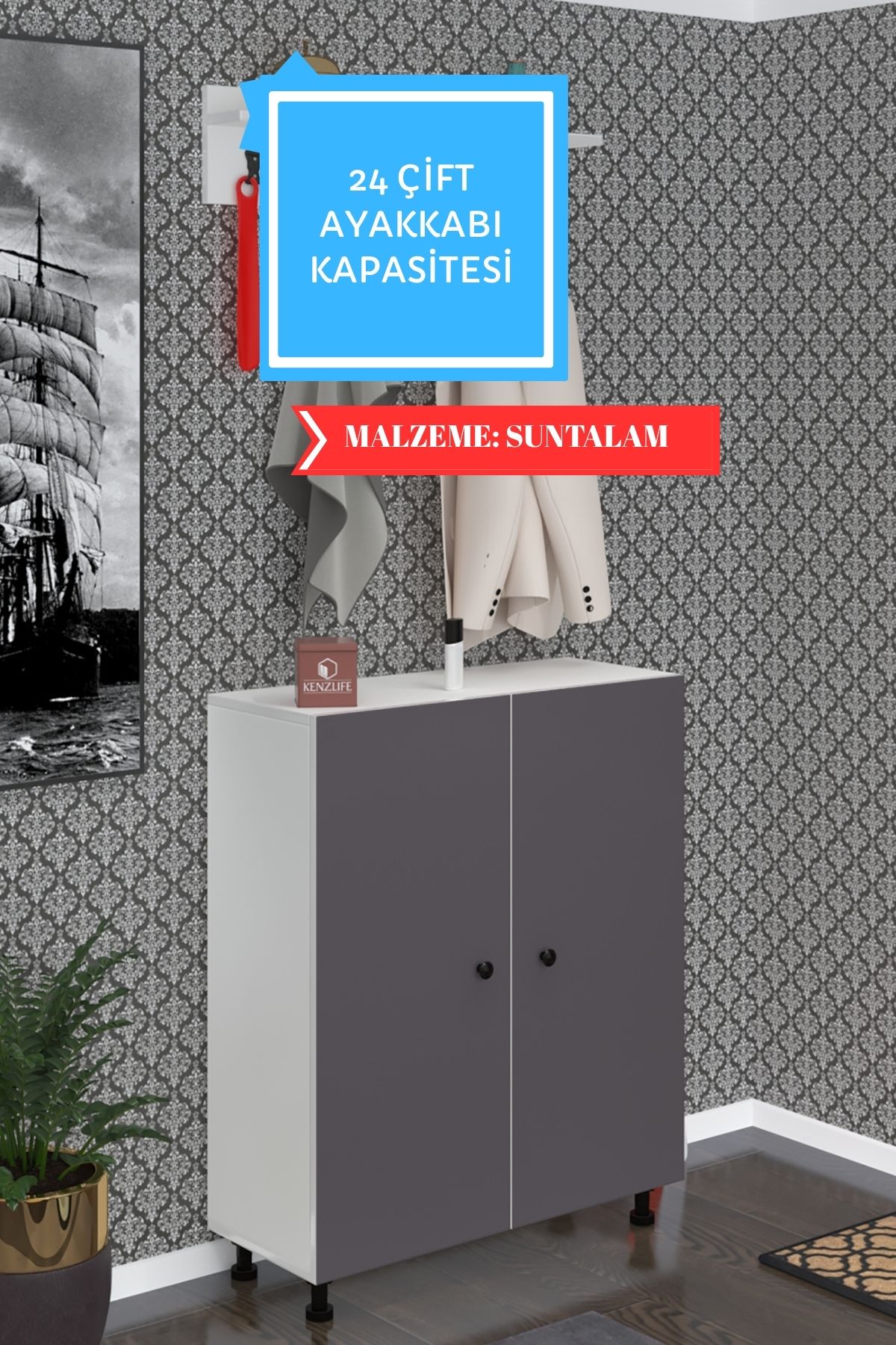 Kenzlife ayakkabılık galoş6 gribyz 98*080*32 kapaklı 6 raflı 24 çift ayakkabı kapasitesi