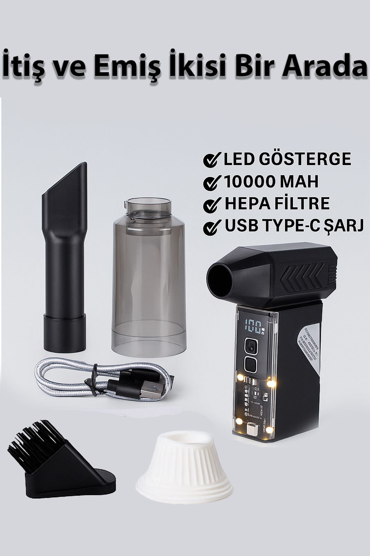 TECHNOMEN El Tipi Şarjlı Mini Vakum Süpürge Ve Turbo FAN 10000 mAh LED Göstergeli HEPA Filtreli Led Işıklı