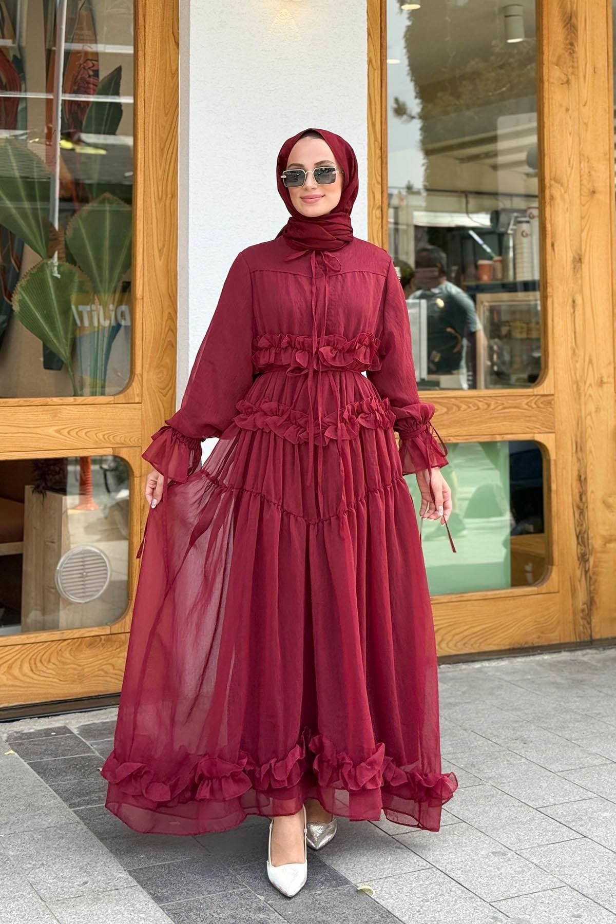 MERVE KAYKISIZ Flora Şifon Elbise Bordo