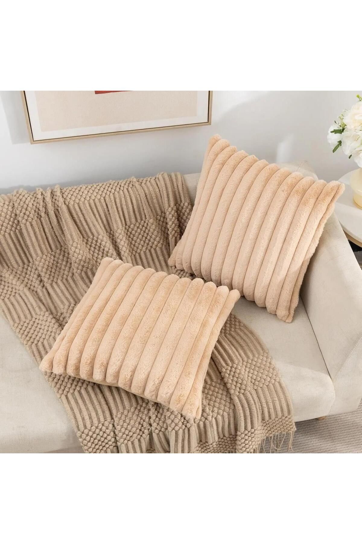 DECORA CASA HOME COLLECTİON Adet Çizgili Süper Yumuşak Peluş Kırlent Kılıfı 43x43CM