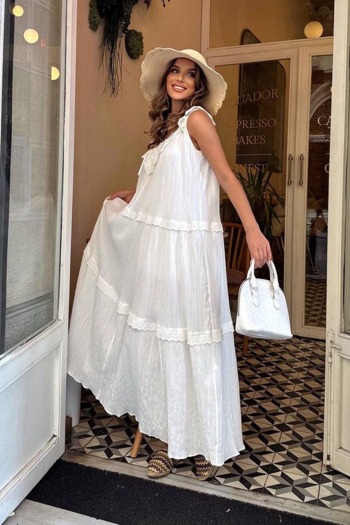 Nana & Mayka Moda Kadın Gofre Kumaş Yazlık Elbise – Ekru, Bağcık Askılı, Fistolu, Astarlı, Bol Kesim