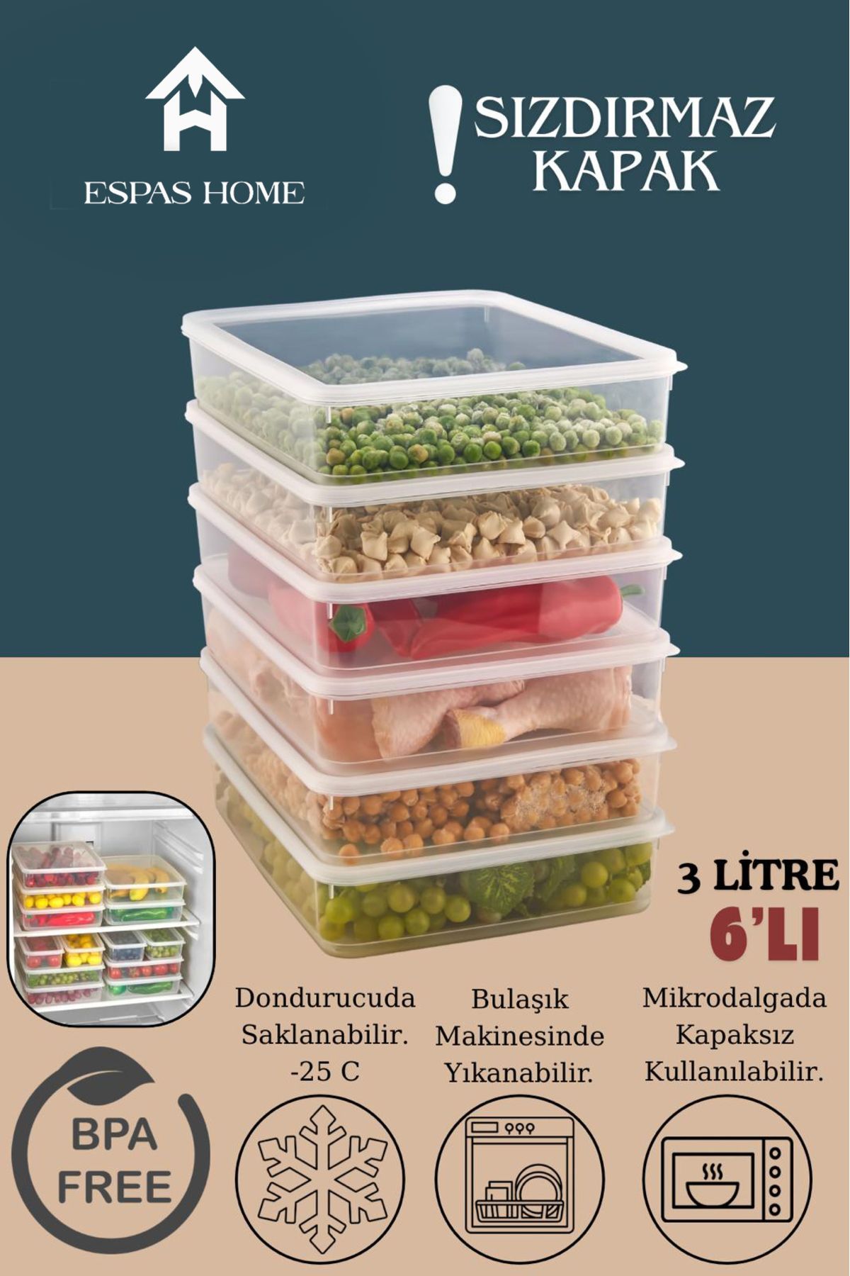 Espas Home 6'lı Sızdırmaz FreshBox Saklama Kabı – Mikrodalga ve Buzdolabı Uyumlu / 3000 ml – Şeffaf