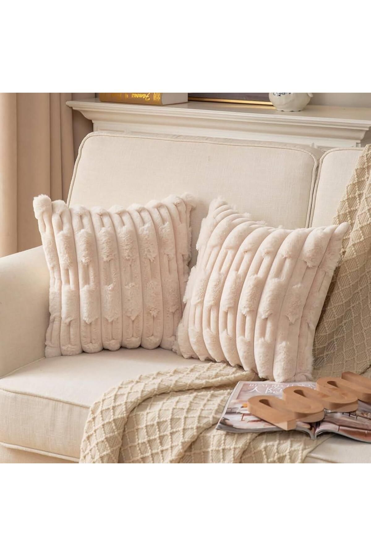 DECORA CASA HOME COLLECTİON Adet Süper Yumuşak Peluş Dekoratif Kırlent Kılıfı 43x43cm Tavşan Tüyü