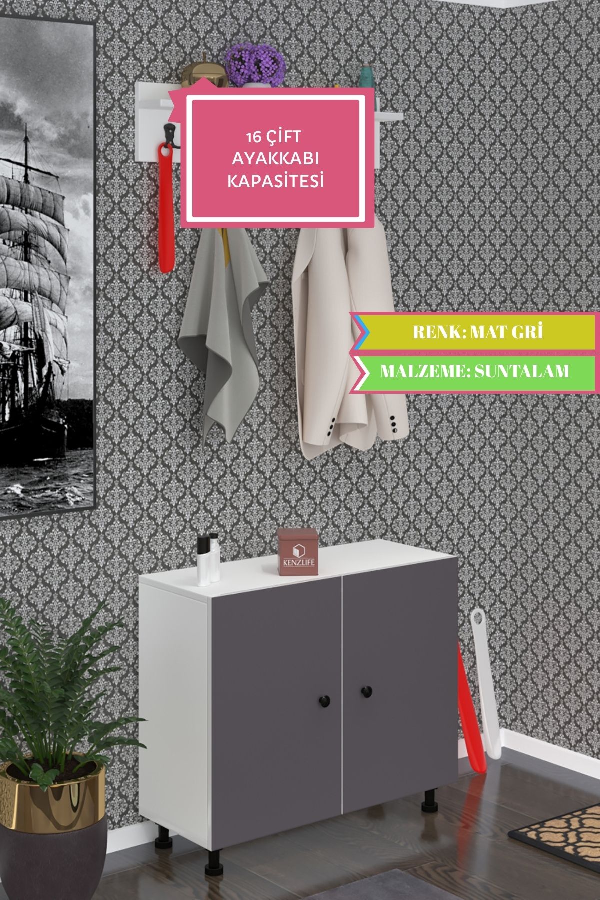 Kenzlife ayakkabılık galoş4 gribyz 68*080*32 kapaklı 4 raflı 16 çift ayakkabı kapasitesi