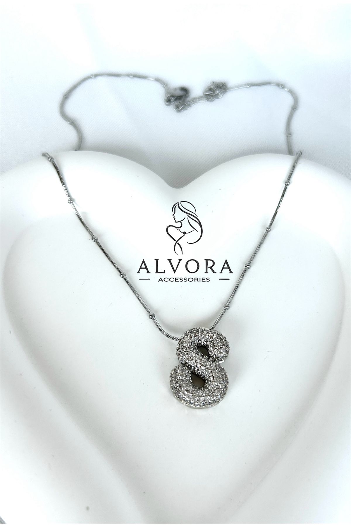 Alvora Accessories S Harfi Paslanmaz Çelik Gümüş Renk Zirkon Taş Detaylı Harfli Kolye
