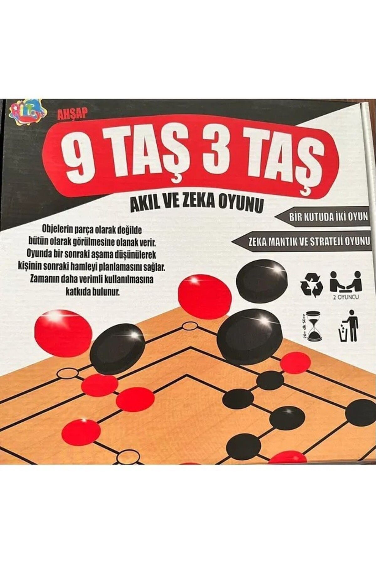 EDKZEKA Ahşap 9 Taş 3 Taş Zeka Akıl Mantık Strateji Oyunları 1 Kutu 2oyun