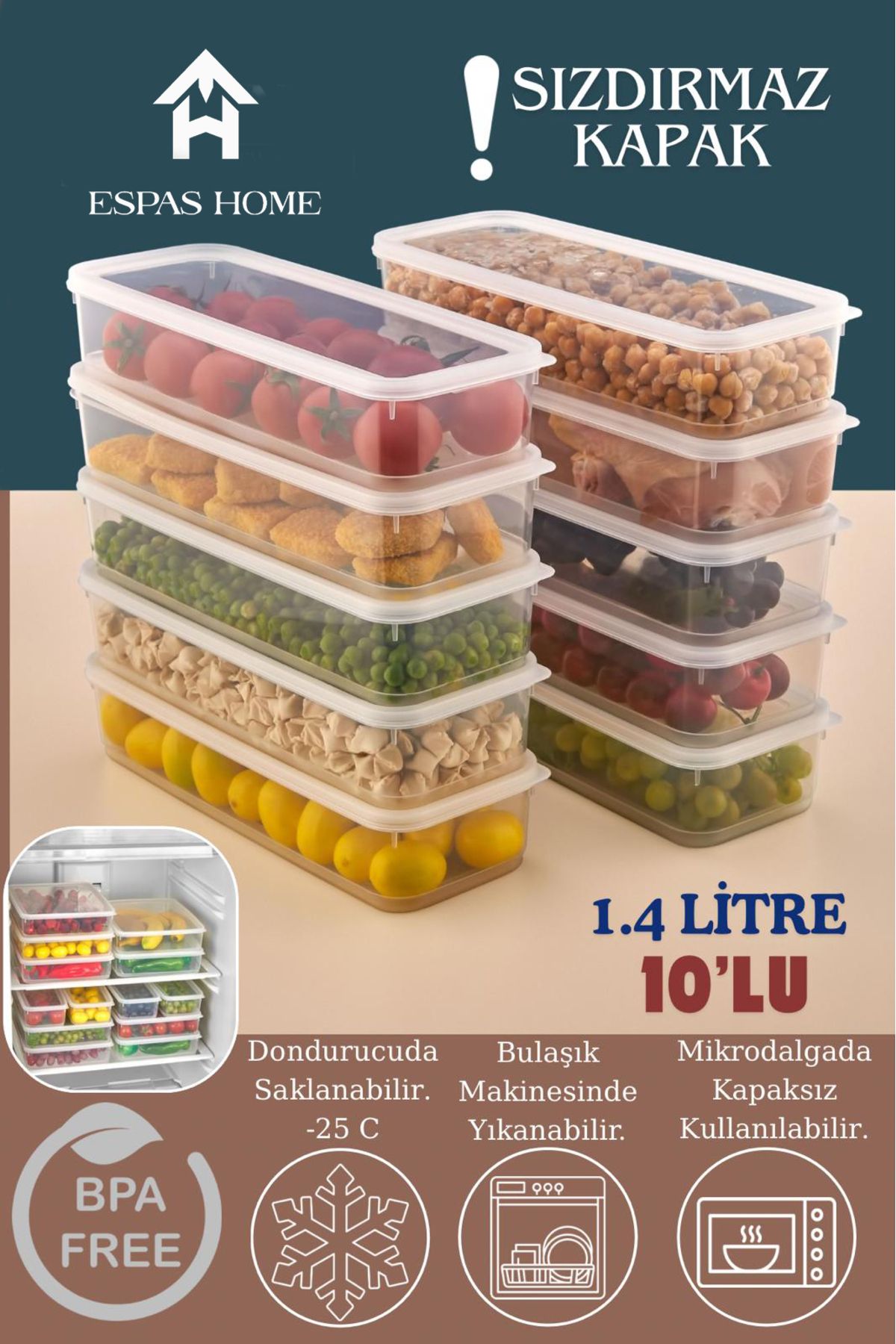 Espas Home 10'lu Sızdırmaz FreshBox Saklama Kabı – Mikrodalga ve Buzdolabı Uyumlu / 1400 ml – Şeffaf