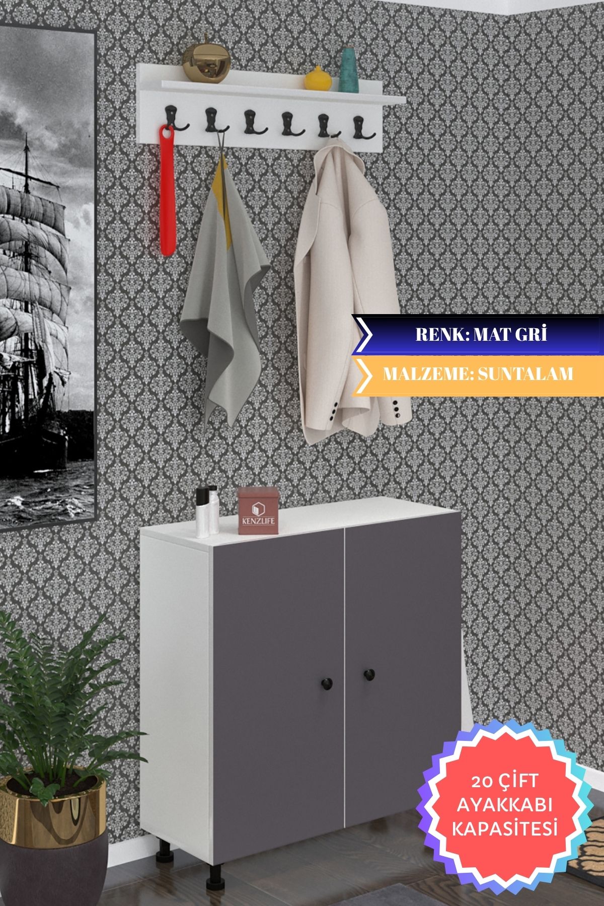 Kenzlife portmanto ayakkabılık ve askılık edik5 gribyz 83*080*32 yirmi çift ayakkabı kapasitesi