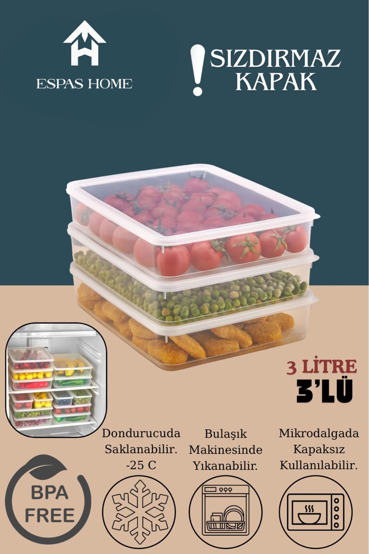 Espas Home 3'lü Sızdırmaz FreshBox Saklama Kabı – Mikrodalga ve Buzdolabı Uyumlu / 3000 ml – Şeffaf